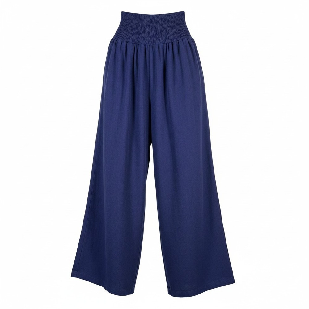 UEU Navy Womens Linen Blend Blue Smocked Waist Wide Leg Pants Boho Flowy Medium